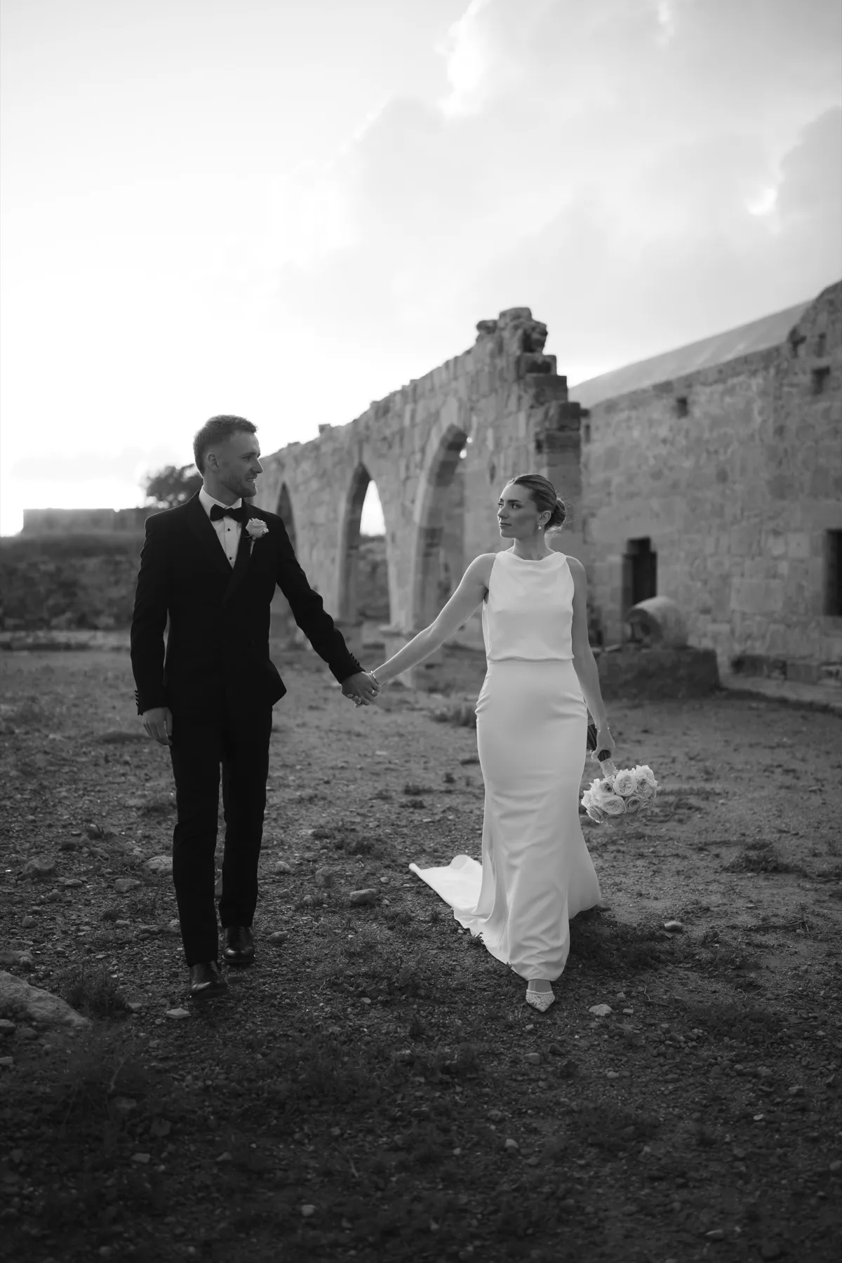 Bride and groom portrait at Liopetro wedding venue in Paphos, Cyprus, captured in black and white.